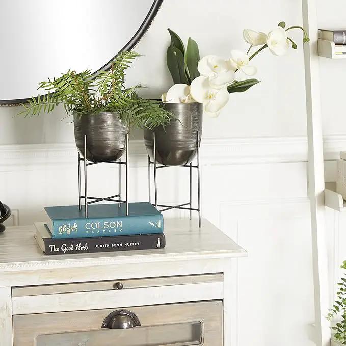 Deco 79 Metal Indoor Outdoor Planter Small Planter Pot with Removable Stand, Set of 2 Planters 12", 9"H, Gray by GreenHaven Gardens