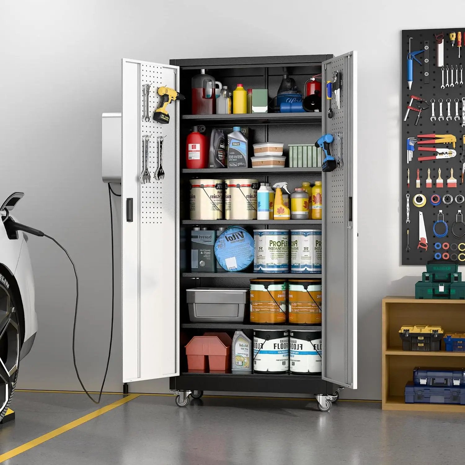Upgraded Wide & Deep Metal Garage Storage Cabinet with Wheels & Pegboard, Lockable Metal Storage Cabinets with 2 Doors&5 Adjustable Shelves for Garage&Home,Assembly Required,Black Gray by GreenHaven Gardens