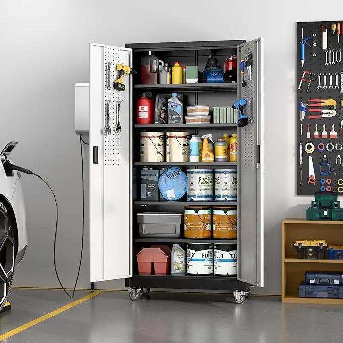Metal Garage Storage Cabinet with Wheels & Pegboard, Lockable Metal Storage Cabinets with 2 Doors&5 Adjustable Shelves for Garage&Home,Assembly Required,Black Gray 71''H x32''W x16''D by GreenHaven Gardens