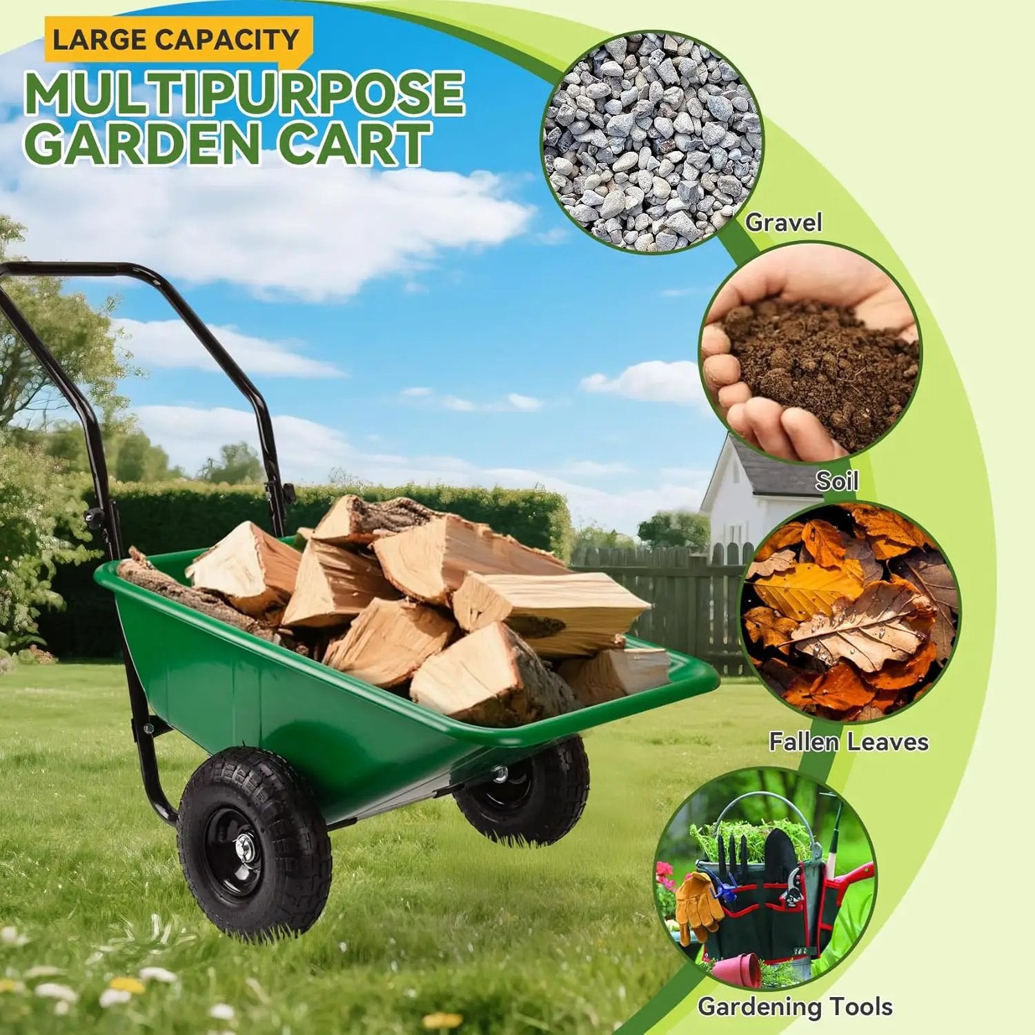 Folding Dual-Wheel Wheelbarrow,Heavy-Duty 330 LB Garden cart,10 inch Air-Filled Tires,Home Garden Yard Utility for Outdoor Lawn Yard Farm Ranch(Green) by GreenHaven Gardens