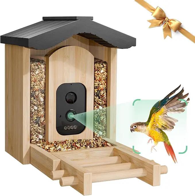 Bird Feeder with Camera, Smart Bird Feeder for Outdoors, Wild Birds Feeders with Solar Panel Bamboo Birds House Camera for Birdlovers, AI Auto Capture Birds & Real-time Notification (Gable) by GreenHaven Gardens