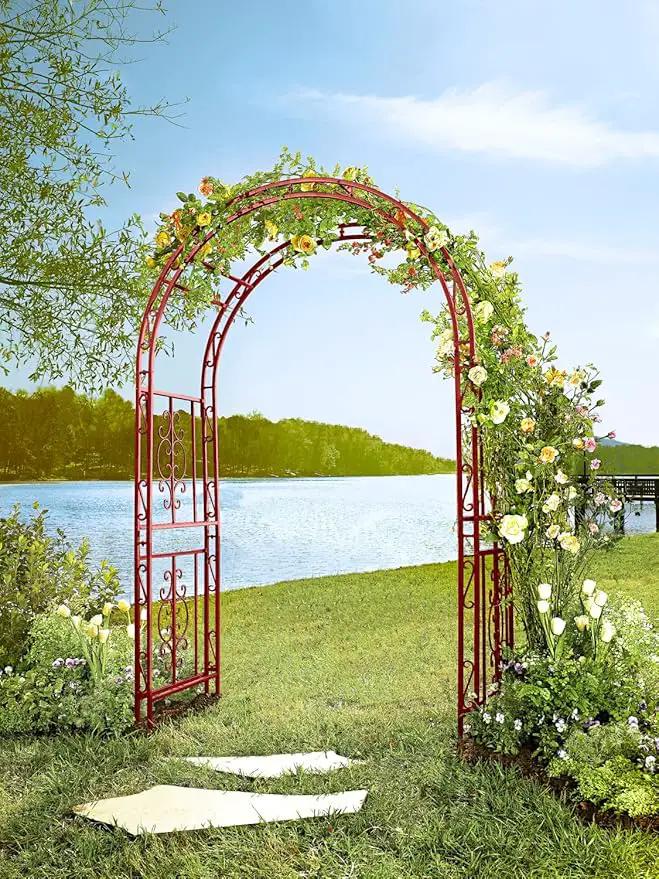 Evergreen Plow & Hearth Arch Metal Outdoor Garden Arbor | Montebello | 7 Feet Tall | Red | Iron Trellis Lattice for Climbing Plants | Wedding | Outdoor Patio Decor (Red) by GreenHaven Gardens