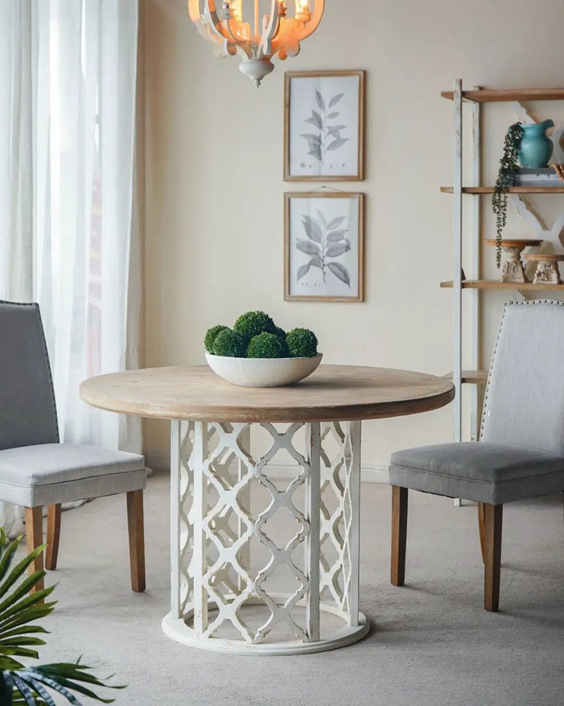Round Wooden Dining Table With Ornate Cut Out Base - Brown / Antique White by HouseOfZazla