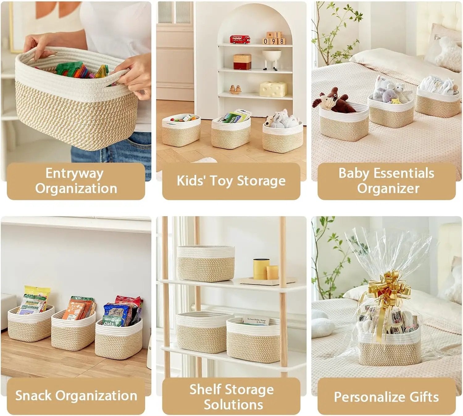 Small Cotton Rope Basket – Storage Bin for Organizing (10.6" x 6.7" x 6.7"), Bathroom Storage Basket for Shelf, Counter & Closet（White & Mixed Camel） by GreenHaven Gardens