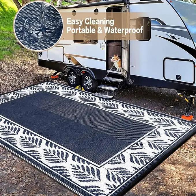 Outdoor Plastic Straw Rug, Waterproof Mat, Washable Large Floor Mat and Rug for Outdoors, RV, Beach, Patio, Camping, Backyard, Deck, Picnic, Outside (5x8ft,Olive-Leaf/Dark Blue&White) by GreenHaven Gardens