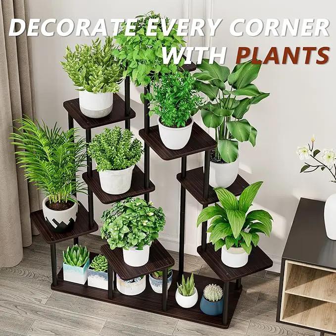 AZERPIAN Plant Stand 9 Tier Indoor Metal Flower Shelf for Multiple Plants Corner Tall Flower Holders for Patio Garden Living Room Balcony Bedroom, Black Oak by GreenHaven Gardens