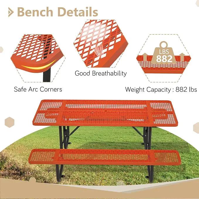 72'' Steel Rectangular Picnic Table for Outdoors, Expanded, Lifetime Picnic Table with Umbrella Hole, Heavy Duty Sturdy Commercial Picnic Tables for Garden Courtyard BBQ, Orange by GreenHaven Gardens