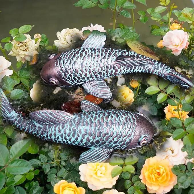 Garden Sculptures & Statues,Koi Fish Decor,Garden Fish Art,Set of 2 Antique Koi Fish Yard Art Decor for Outdoors,Patio,Yard,Lawn,Pond,Home Decoration (Bronz) by GreenHaven Gardens