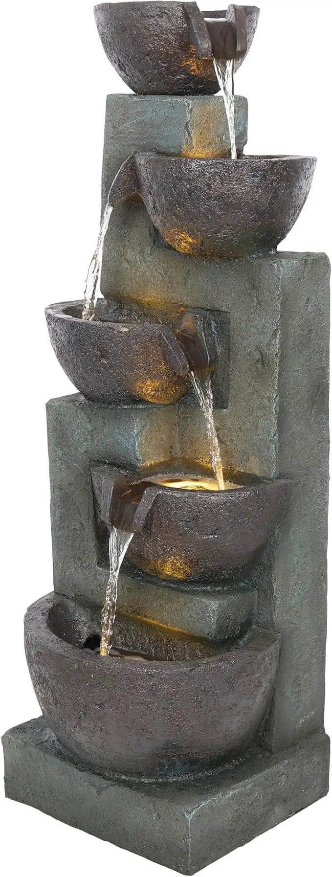 Alpine Corporation TZL390 Elegant Outdoor 5 Tier Bowls Waterfall Fountain with LED Lights for Garden, Patio, Yard, and Outdoor Spaces, Relaxing Cascading Fountain, 39" H, Gray by GreenHaven Gardens