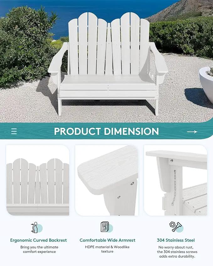 SERWALL 2 Person Adirondack Loveseat, HDPE All-Weather Folding Adirondack Bench Chair, Outdoor Adirondack Chair Set of 4, White by GreenHaven Gardens