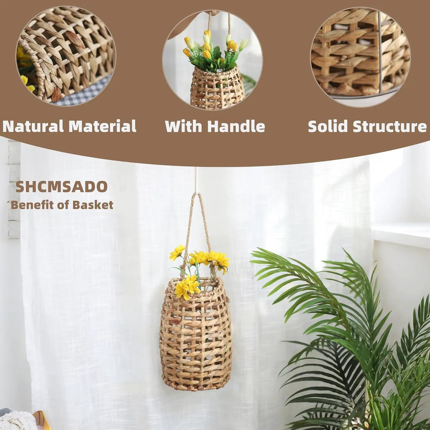 Woven Water Hyacinth Hanging Basket Door Hanging Basket Wall for Home Garden Farmhouse (Water Hyacinth) by GreenHaven Gardens
