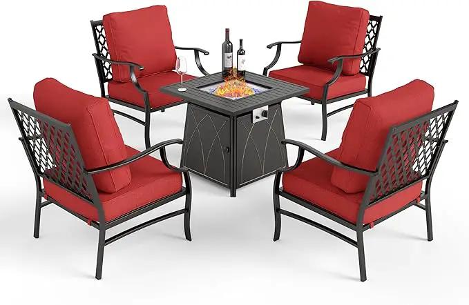 Patio Furniture Set with Fire Pit Table, 5 Pcs Metal Outdoor Conversation Set, 4 Single Chairs with 5.75" Extra Thick Cushion and 28" Fire Pit Table for Backyard Deck, Red by GreenHaven Gardens