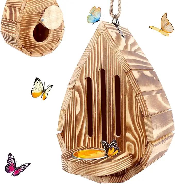 Wooden Butterfly House and Feeder, Hanging Butterfly House for Garden, Natural Butterfly Habitat with Butterfly Puddler for Outside Butterflies, Moths - Backdoor, Easy to Clean by GreenHaven Gardens