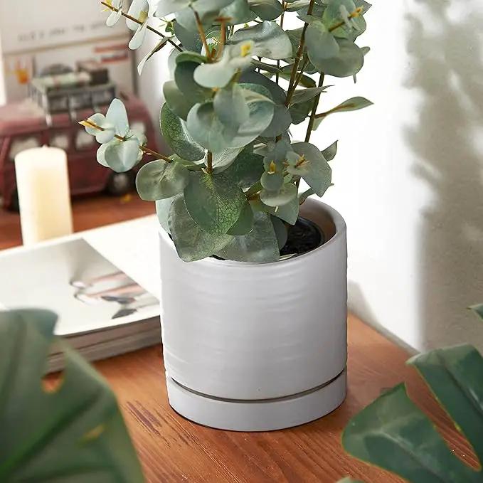 6 + 8 Inch Plant Pots, Ceramic Planter Pot with Drainage Hole & Saucer, Indoor/Outdoor Cylinder Round Planter Pot, Matte White by GreenHaven Gardens