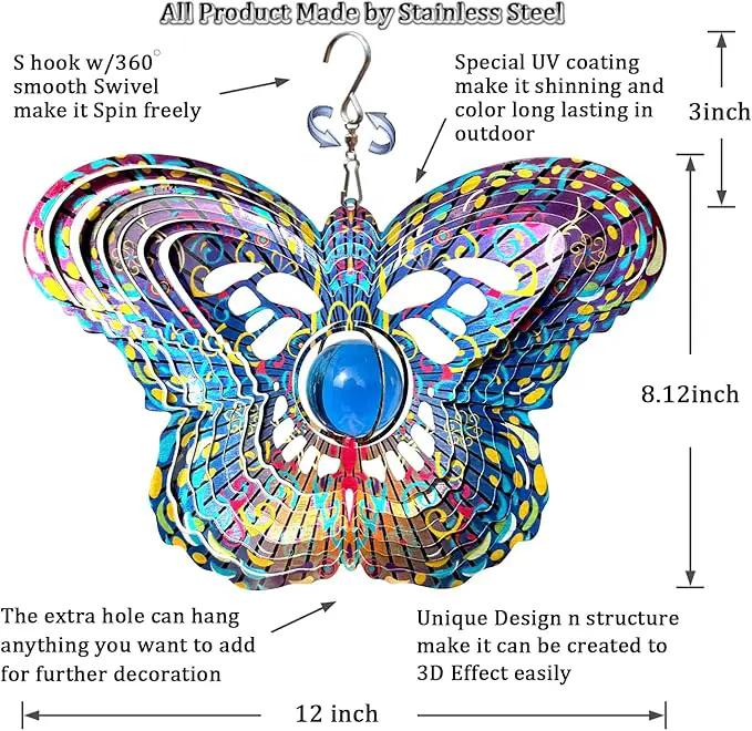 FONMY Mandala Wind Spinner w/Crystal Ball-Butterfly 3D Stainless Steel Hanging Spinners Worth Gift Christmas Decoration Indoor/Outdoor Garden Décor Kinetic Yard Art 12 Inches Wind Sculpture by GreenHaven Gardens