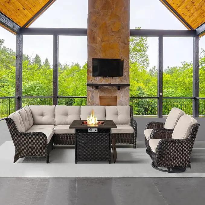 Outdoor Sectional Furniture Sofa Set with Propane Fire Pit Table, Wicker Patio Conversation Set with 2 Swivel Rocker Glider Chairs Beige Cushion Perfect for Backyard Casual Gathering by GreenHaven Gardens