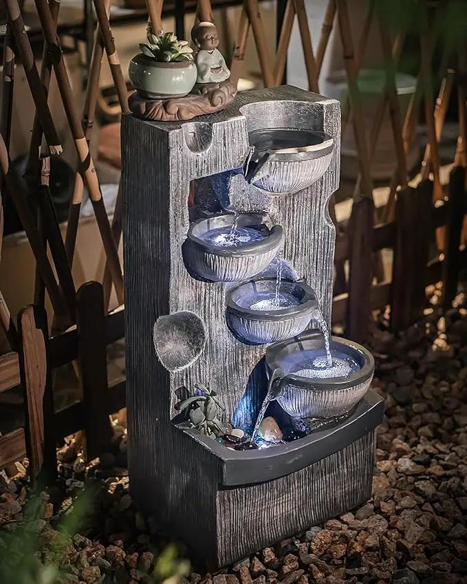 23.43" H Outdoor Water Fountain, 5 Tiers Bowls Garden Water Fountains with LED Light, Modern Natural Waterfall Fountain for Garden, Patio, Yard and Home Art Decor by GreenHaven Gardens