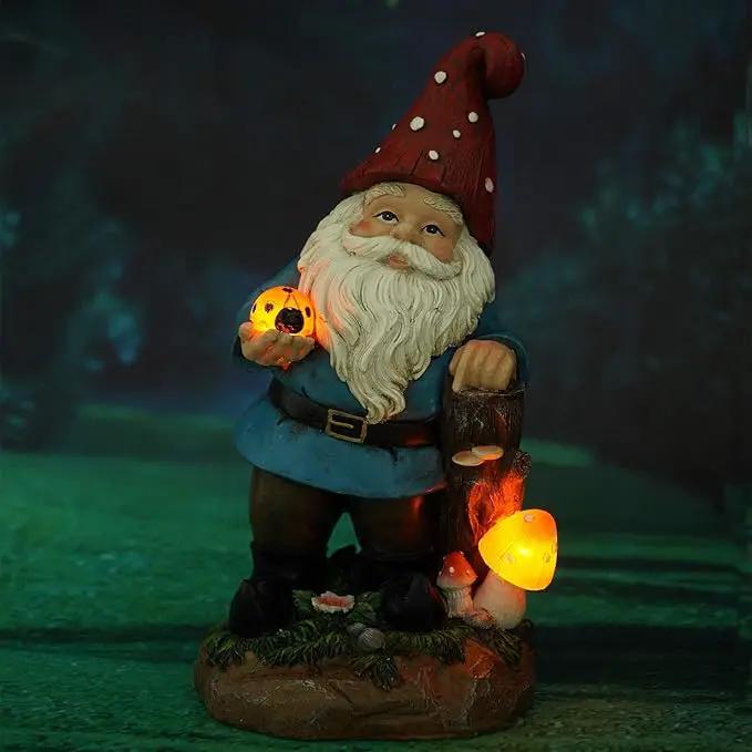 Topadorn Garden Gnome Statue LED Light Solar Energy Gnome Figurine with Ladybug on Hand Mushroom for House, Lawn Decor 11 Inch by GreenHaven Gardens
