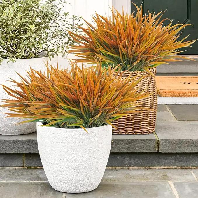 Uieke 12 Bundles Artificial Outdoor Plants UV Resistant Fake Grass Plants Faux Plastic Plants Greenery Shrubs for Home Garden Pathway Window Box Front Porch Cemetery Fall Decor, Autumn Orange by GreenHaven Gardens