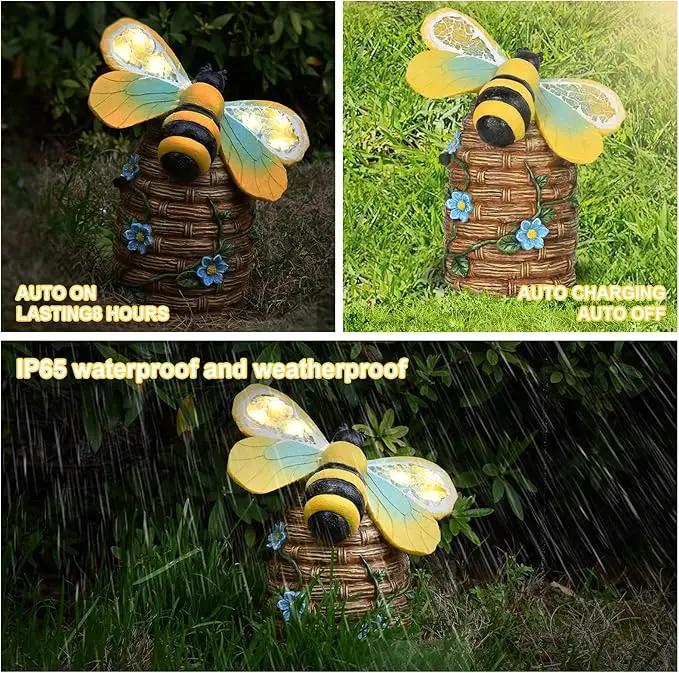 Garden Statue Bee Decor-Outdoor Statue Bees Decorations-Solar Garden Light Bumble bee Figurine Patio,Balcony,Yard,Lawn Ornament Mom Gift by GreenHaven Gardens