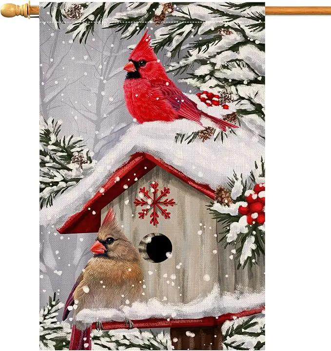 BLKWHT Winter Cardinal Bird House Flag 28 x 40 Vertical Double Sided Trees Snow Christmas Holiday Outside Decorations Burlap Yard Flag BW735-40 by GreenHaven Gardens
