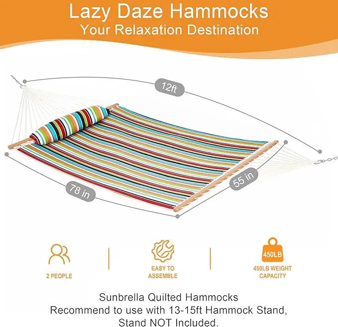 Lazy Daze 12 FT Sunbrella Quilted Hammock Double Hammock with Hardwood Spreader Bar, for Patio Outdoor Outside All Weather, 450 lbs Capacity, Carousel Confetti by GreenHaven Gardens