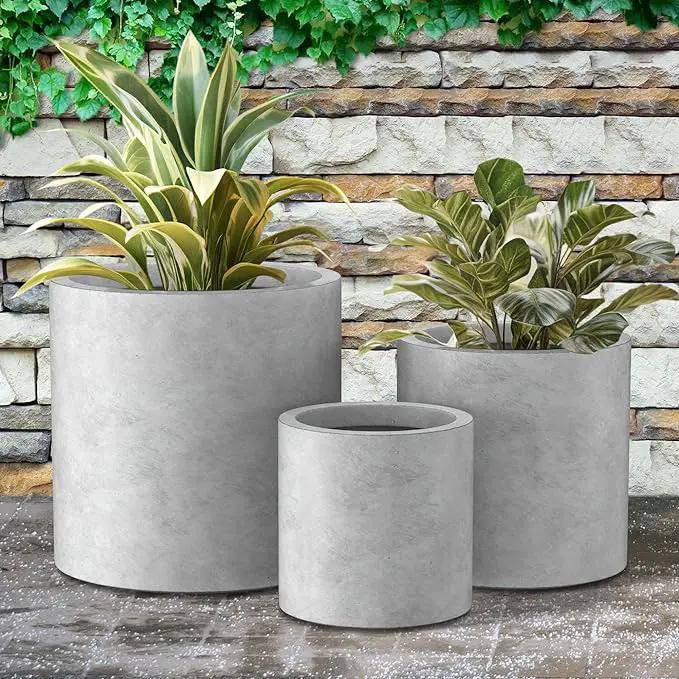Kante 9.8",12.6",15.7" Dia Round Concrete Planter Set of 3, Modern Style Large Cylindrical Plant Pot with Drainage Hole and Rubber Plug for Indoor Outdoor Patio, Natural Concrete by GreenHaven Gardens