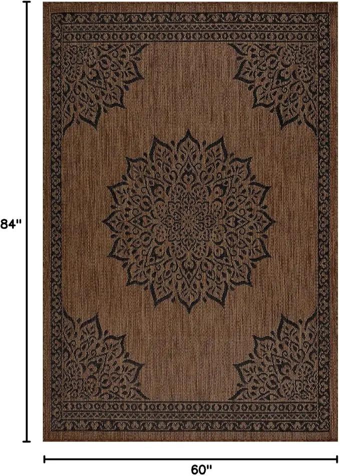 CAMILSON Outdoor Rug, 5x7 Medallion Nut Brown Black Modern Area Rugs for Indoor and Outdoor Patios, Kitchen and Hallway Mats, Washable Porch Deck Outside Carpet (Medallion Nut Brown Black, 5 x 7) by GreenHaven Gardens