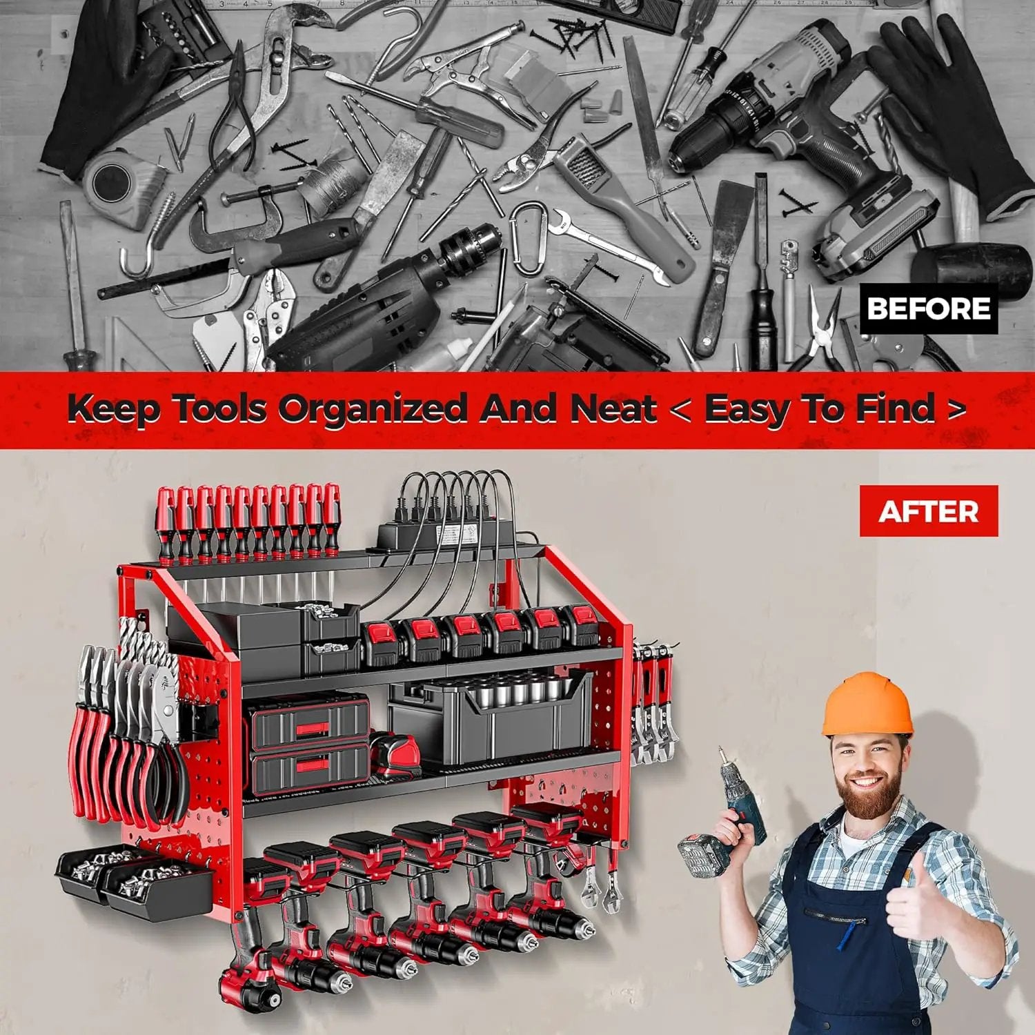 LBT Power Tool Organizer With Charging Station,Patented,Heavy Duty Steel,6 Drilling Rig Sizes With Hooks And Screw Boxes,6 sockets,Easy To Install Garage Storage Rack,Great Gift For Men, Red by GreenHaven Gardens