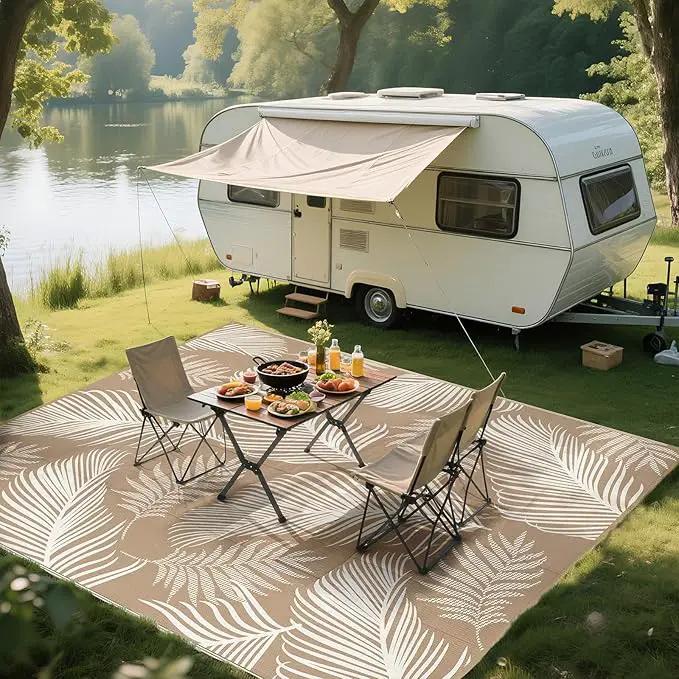 Pauwer Waterproof Outdoor Rug 8x10, Reversible Plastic Straw Patio Camping Rug, Indoor Outdoor RV Mat Carpet for Deck, Camper, Porch, Balcony, Backyard, Picnic, Leaf Brown by GreenHaven Gardens