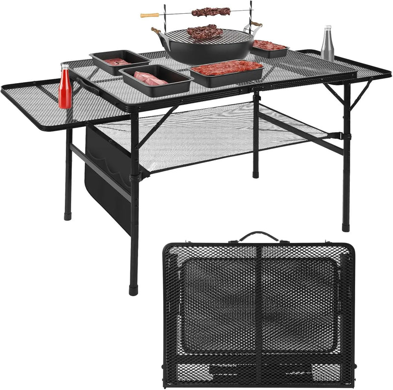 Folding Grill 4.4 FT Portable Camping Table with 2 Wing Panels, Height Adjustable Metal Outdoor Table with Mesh Desktop and Mesh Bag, Picnic, Beach and BBQ, Party, Black by GreenHaven Gardens