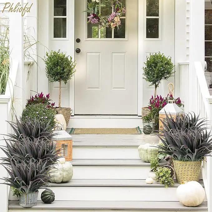 6Pcs Artificial Grass Fake Plants 17.3in Outdoor Plants UV Resistant Faux Greenery Stems Fake Grass for Home Window Garden Office Patio Pathway Front Porch Halloween Décor Green & Black by GreenHaven Gardens