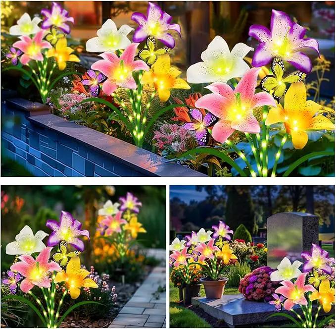 Solar Garden Lights 6 Pack 24 Lily Flowers with Butterfly Decor, Waterproof Solar Flower Lights for Outdoor - Upgraded Decorative Lilies for Yard, Patio, Pathway Decorations & Gardening Gifts by GreenHaven Gardens