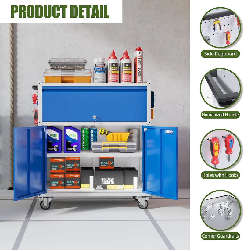 Metal Storage Cabinet on Wheels with 1 Drawer, Rolling Steel Garage Tools Cabinet with Side Pegboard &4 Hooks & 1 Adjustable Shelf for Garage,Shop,Home, Blue/Gray, Assembly Required by GreenHaven Gardens