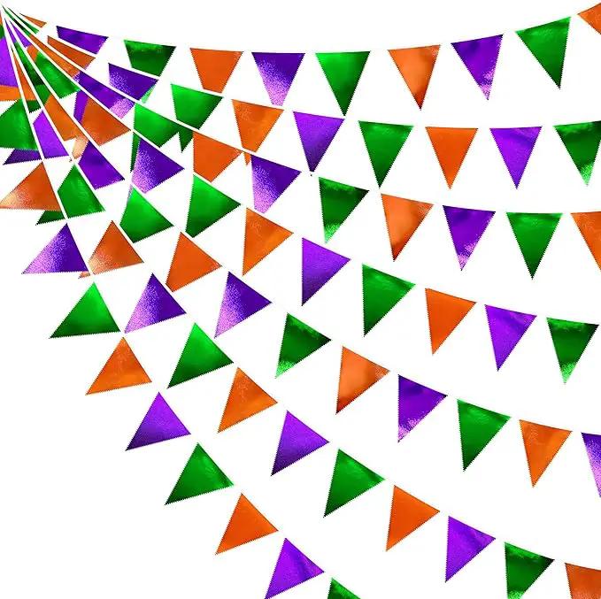 Halloween Party Decorations Metallic Fabric Green Orange Purple Triangle Pennant Banner Flag Bunting for Trick or Treat Spooky Hey Boo Happy Halloween Holiday Birthday Baby Shower Party Supplies by GreenHaven Gardens