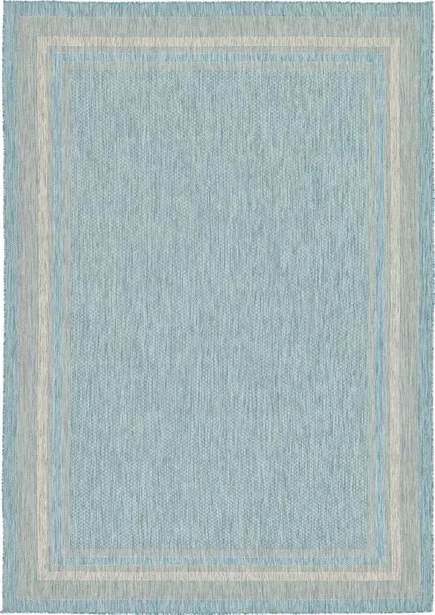 Unique Loom Outdoor Border Collection Area Rug - Soft Border (8' x 11' 4" Rectangle, Aquamarine/ Ivory) by GreenHaven Gardens