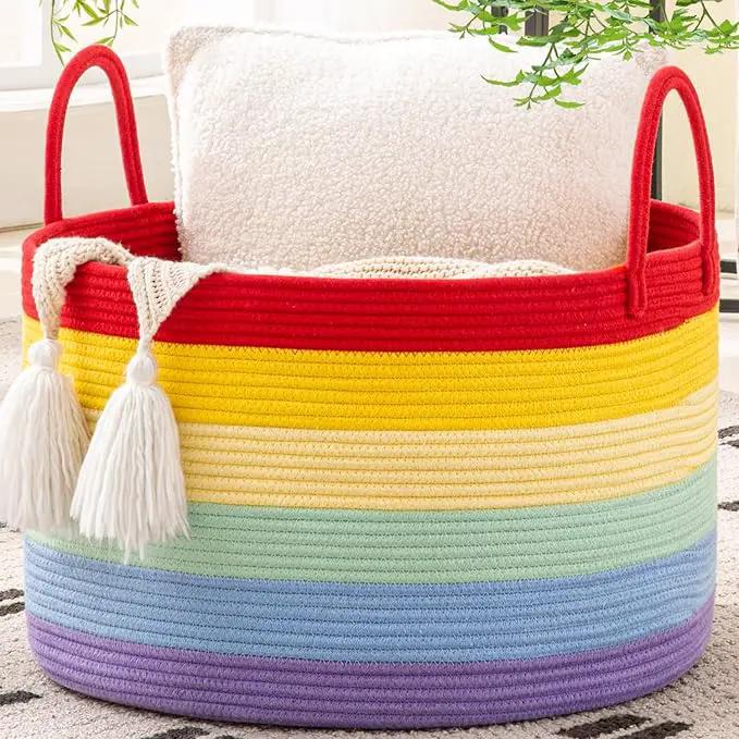 KAKAMAY Large Blanket Basket (20"x13"),Woven Baskets for storage Baby Laundry Hamper, Cotton Rope Blanket Basket for Living Room, Laundry, Nursery, Pillows, Baby Toy chest (Rainbow) by GreenHaven Gardens