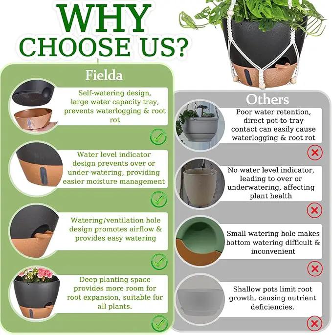 10 Inch Hanging Planters for Indoor Plants, 2 Pack Self Watering Hanging Baskets Flower Pots with Drainage Hole, Visual Reservoir & 2 Kinds of Plant Hanger for Outdoor Garden Home Decor（Black） by GreenHaven Gardens