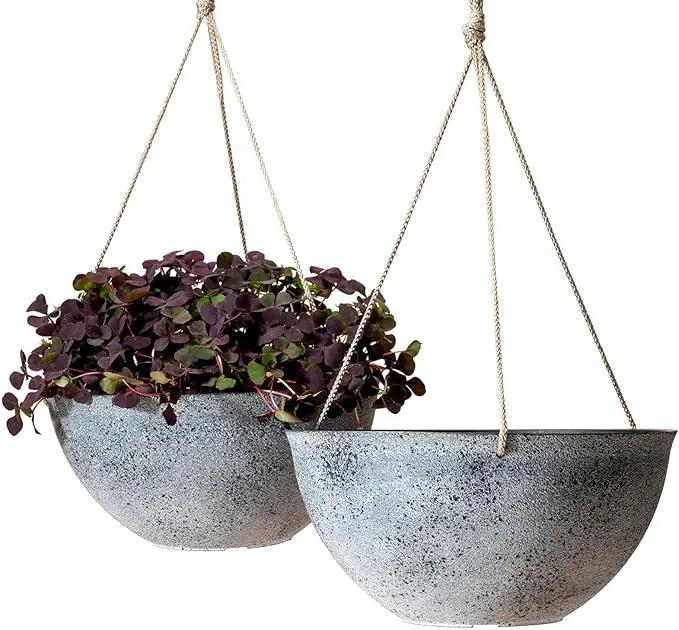 LA JOLIE MUSE Large Hanging Planters for Outdoor Plants - 13 Inch Hanging Flower Pots with Drainage Holes, Set of 2, Rock Grey by GreenHaven Gardens