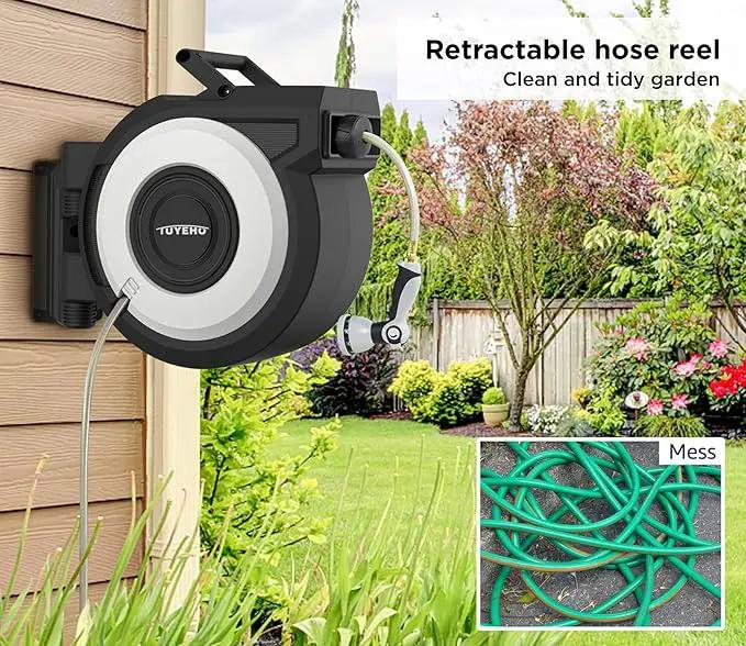 Tuyeho Retractable Garden Hose Reel 130 FT, Wall Mount Heavy Duty Water Hose Reels with Automatic Slow Rewind System, Outdoor Hoses Reel with 2 Hose Nozzles for Garden Watering, Car Wash, Pet Shower by GreenHaven Gardens