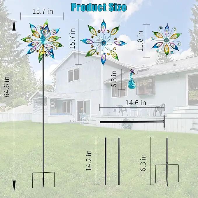 DREAMYSOUL 15.7" D*65”H Metal Peacock Wind Spinners Double Sided Kinetic Wind Sculptures Outdoor Metal Windmill for Garden Yard Decor by GreenHaven Gardens