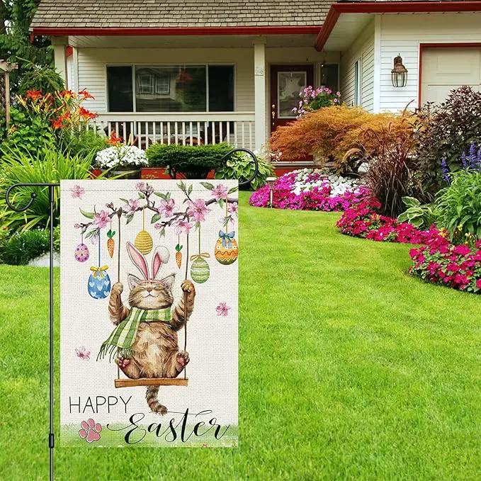 Heyfibro Happy Easter Cute Cat Garden Flag 12x18 Double Sided Burlap, Spring Summer Magnolia Flower Easter Egg Small Yard Banner for Seasonal Holiday Farmhouse Yard Outdoor Decor(ONLY FLAG) by GreenHaven Gardens