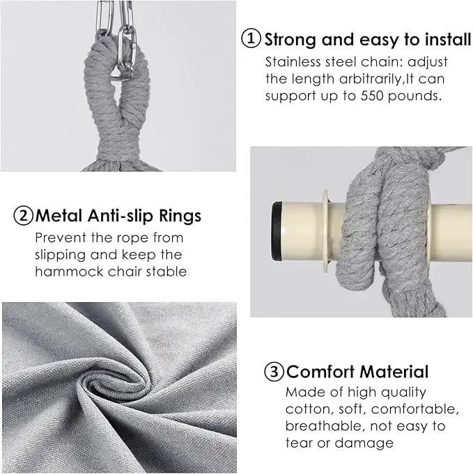 Y- STOP Hammock Chair Hanging Rope Swing, Max 500 Lbs, 2 Cushions Included, Large Macrame Hanging Chair with Pocket for Superior Comfort, with Hardware Kit (Light Grey) by GreenHaven Gardens
