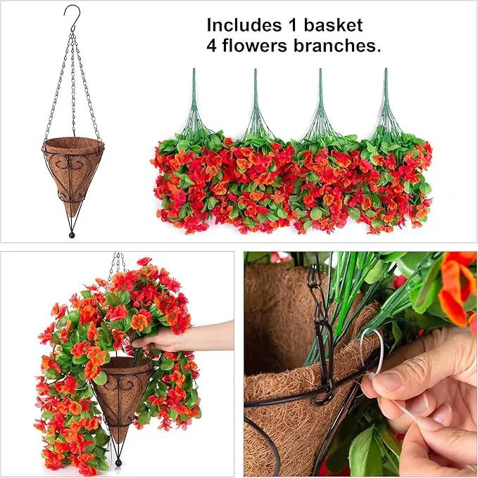 Artificial Hanging Flowers in 12 inch Basket, Fake Fall Plant Silk Orchid Flower Arrangement with Hanging Basket Daisy Planter for Patio Garden Porch Deck Summer Autumn Yard Decoration(Red Orange) by GreenHaven Gardens