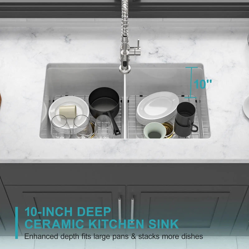 32" Undermount Double Bowl Kitchen Sink Rectangular Deep Dual Bas With Grids - White by HouseOfZazla