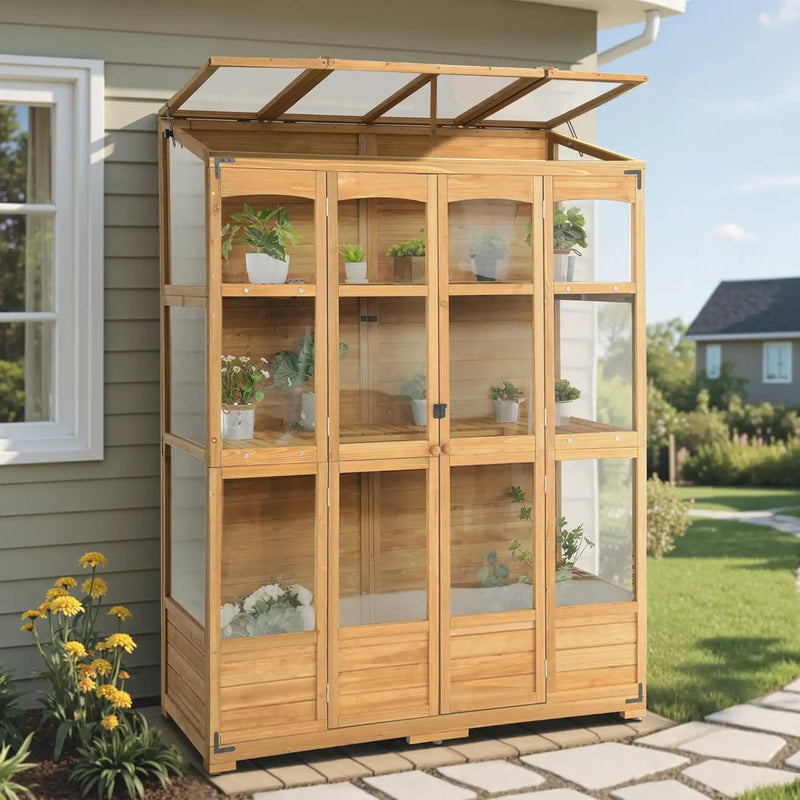 MCombo Wooden Greenhouse, Walk-in Outdoor Greenhouse with Openable Roof and Lockable Door, 0899 (Natural) by GreenHaven Gardens