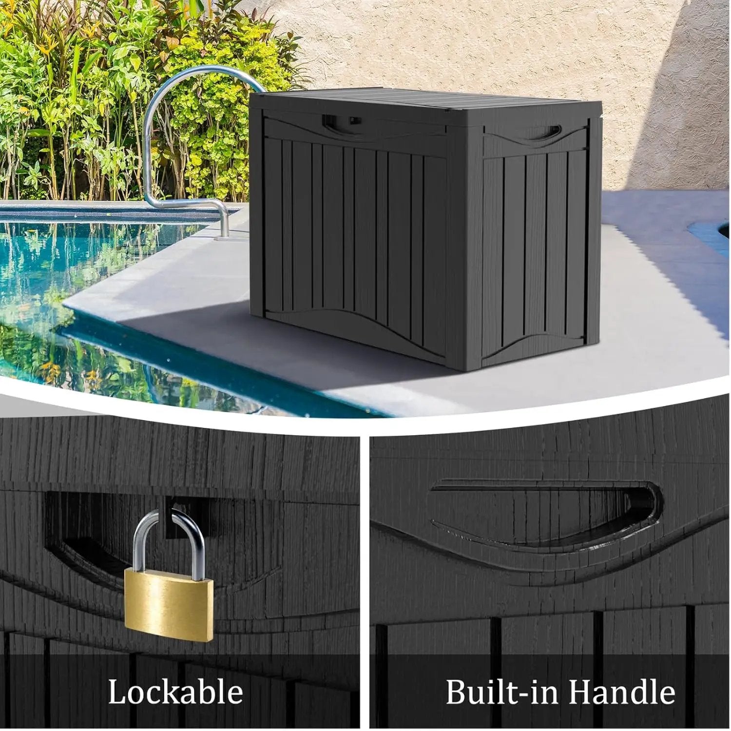 50 Gallon Heavy Duty Outdoor Deck Box with Lockable Lid, All Weather Waterproof Storage for Patio Cushions, Pool Toys, Garden Tools - Rust-Proof Resin Design (Black) by GreenHaven Gardens