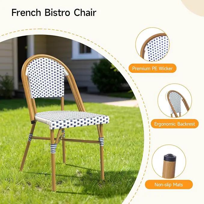 3 Piece French Wicker Bistro Set, Patio Bistro Set with Table and 2 Dining Chairs, All Weather ‎Outdoor ‎Bistro Set with Aluminum Frame, Outdoor Patio Set for Patio Porch Cafes Yard, Navy and White by GreenHaven Gardens