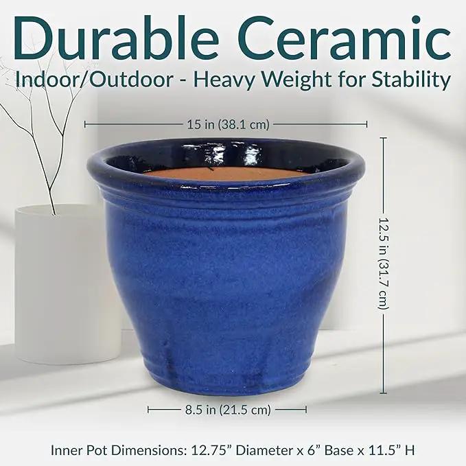 Sunnydaze Studio Large Ceramic Plant Pot - Round Outdoor Glazed Ceramic Planter Pot with Drainage - Imperial Blue - 14.5" by GreenHaven Gardens