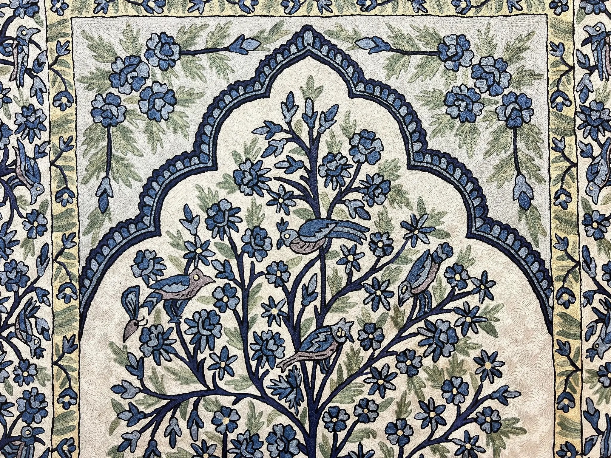 Tree of Life Indian Hand Stitched Rug 4x6, Indian Wall Hanging Rug, Ivory Blue, Silk on Cotton, Vintage by Jewel Rugs